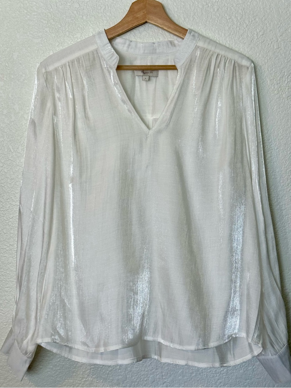 Matty M White Metallic Sheer V-Neck Blouse - Shiny Long Sleeve Top